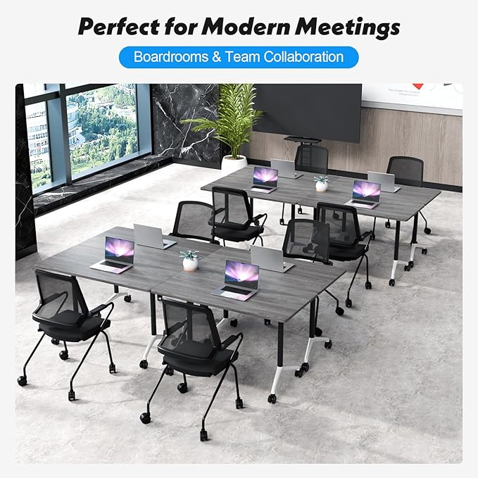 Goakwwuz Conference Room Table, Folding Conference Tables,Thicken Grey Tabletop,Flip Top Wooden Seminar Meeting Room Table for Conference Room Offices (10, Grey, 55.1”)