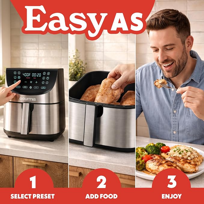 Gourmia Air Fryer - 8 Qt Extra Large Capacity, FryForce360º, Digital Display with 12 Presets, Roast, Bake, Broil, Dehydrate, Dishwasher Safe Accessories, Stainless Steel