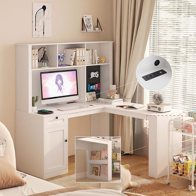 KEIKI L Shaped Home Office Desks with Outlet, Pegboard, Hutch, Drawers, Bookshelf & Storage Shelves, Modern Wooden Gaming Computer Corner Table for Work, Study, Writing