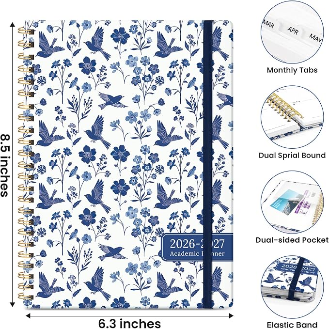 ZOTIA Academic Planner 2026-2027, Monthly & Weekly Jul 2026-Jun 2027 | Porcelain Flight, 6.3" x 8.5" Calendar Planner for Women, Hardcover Pretty Organizer for Women, School Office Home Supplies