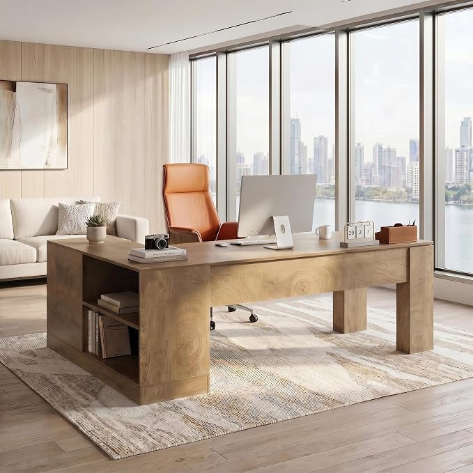 LITTLE TREE 78.7" L Shaped Office Desk with Drawers | Executive Computer Desk with Open Shelves Storage, Farmhouse Large Wooden L Desks Business Furniture, Brown