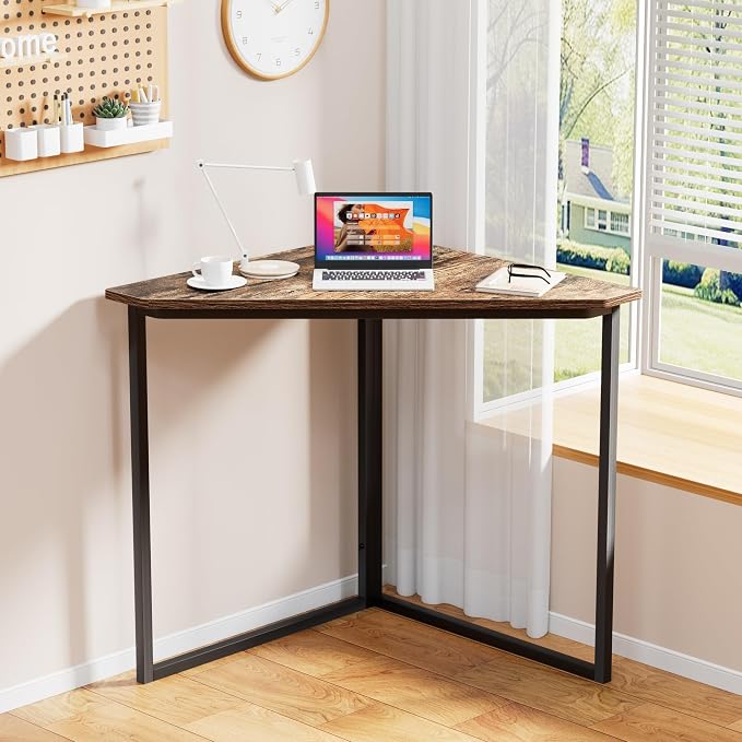 VECELO Corner Desk,Office Tables for Living Room for Small Space Triangle Computer Desk with Steel Frame Corner Shelves with Metal Frame Writing Desk for Workstation Retro Brown 33.1"