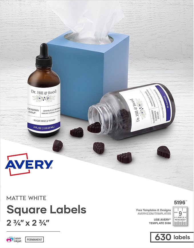 Avery® Printable Blank Square Labels, 2.75" x 2.75", Matte White, 630 Customizable Labels (5196)