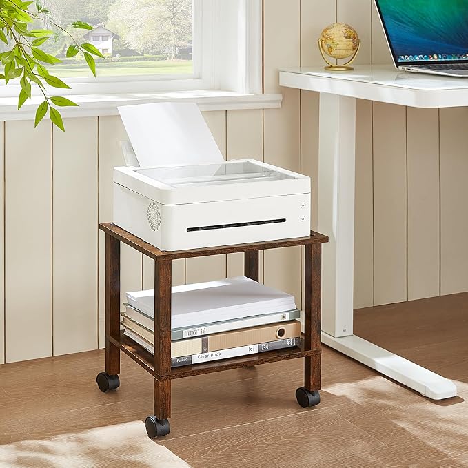 YUFAM 2 Tier Under Desk Printer Stand with Storage, Brown | Wooden Small Printer Table for Home Office, Rolling Printer Cart Shelf with Lockable Wheels