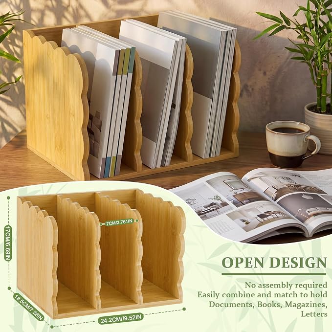 Novabright Scalloped Bamboo Wooden File Magazine Holder Desk Organizer, 3 Vertical Compartments Workspace Sorters for Magazines, Binders, Notebooks, Envelopes