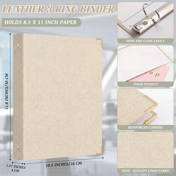 Fulmoon 2 Pcs Aesthetic 3 Ring Binders with Linen Cover 1 Inch Round Rings Binder with Inner Pocket 8.5" x 11" Binder Fits Letter Sized Durable for School Office and Home (Beige, Sage Green)