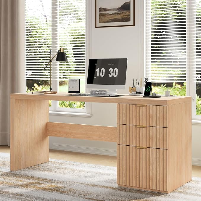 60" Fluted Executive Desk with Ample File Drawer & Large Charging Station, Wood Modern Home Office Desk with Storage, Computer Writing Desk for Work, Living Room, Bedroom, Durable & Sturdy, Natural