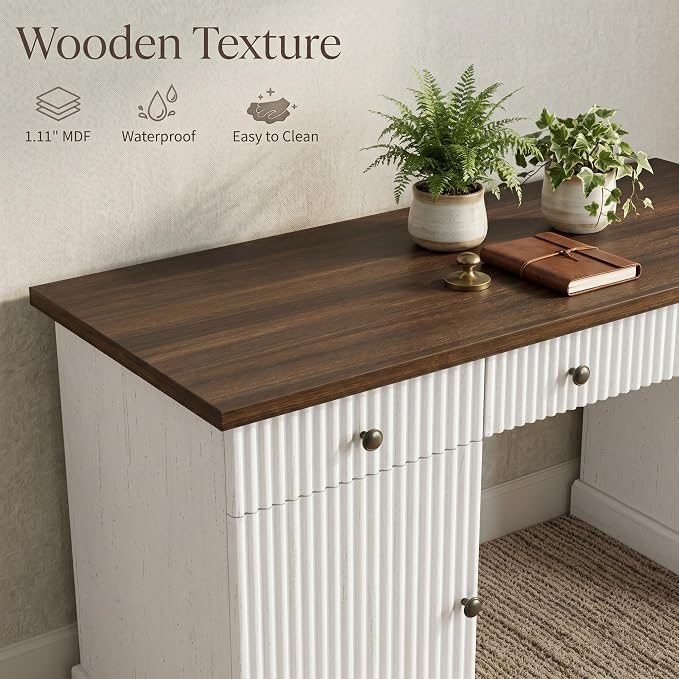 Garvee 60" Office Desk with Charging Station for Home Office, White | Fluted Wood Executive Desk with Filing Cabinet & Storage Cabinet, Modern Computer Desk with Adjustable Shelves