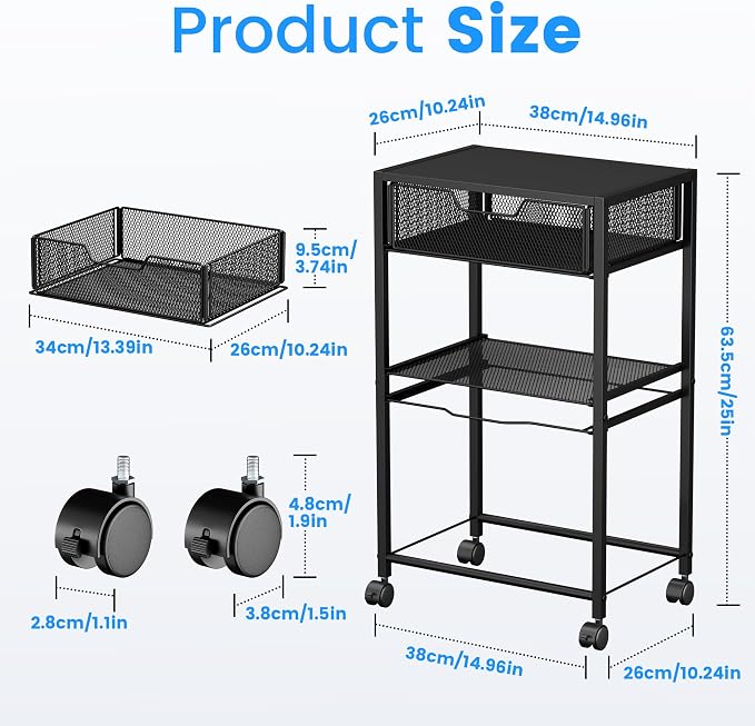 Cawukege 3 Tier Printer Stand, Small Mobile Table with Wheels, Printer Shelf Rolling Cart with Storage Desk Organizer Hanging File for Office Home, Black