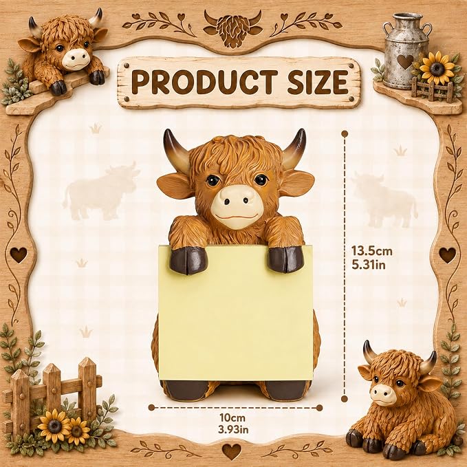 Highland Cow Pop-Up Sticky Note Dispenser for 3 x 3 in Notes, Brown | Includes 100 sheets, handmade resin desk decor for office, home or classroom, gift for teachers, coworkers and cow lovers