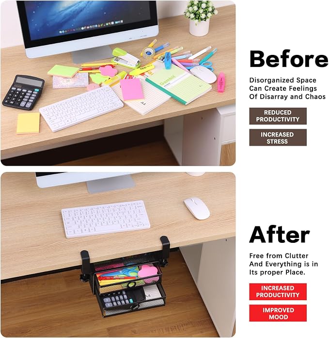 ROSYLINE Under Desk & Desktop Drawer Organizer, 2-Tier Big Capacity | Steel Construction, Clip-On No Drill Installation, Fits A4 Paper, for Office & Household Supplies