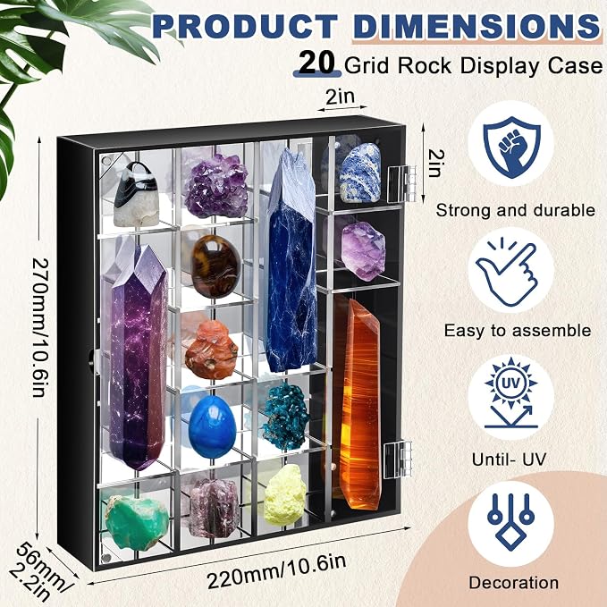 Cinnvoice Rock Display Case 20 Grids,Black Border,Square | Adjustable Acrylic Display Case, Crystal Organizer for Collectible, with Built-in Mirrored, Magnetic Door, Wall Mount