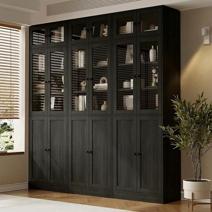 TUSY 85.5" Modern Tall Bookcase with Glass Doors, 7-Tier Wood Bookshelf with Storage for Home Office, Large Curio Cabinet for Living Room, Office, Bedroom, Family Room (Black, BBB)