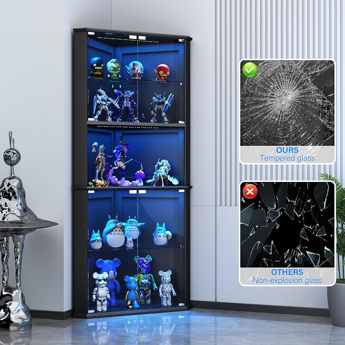 kepptory 72" Corner Curio Cabinet with RGB LED Lights, 6-Tier Glass Display Cabinet with Adjustable Shelves, Lighted Corner Showcase for Collectibles, China, Glassware, Living Room Home Bar