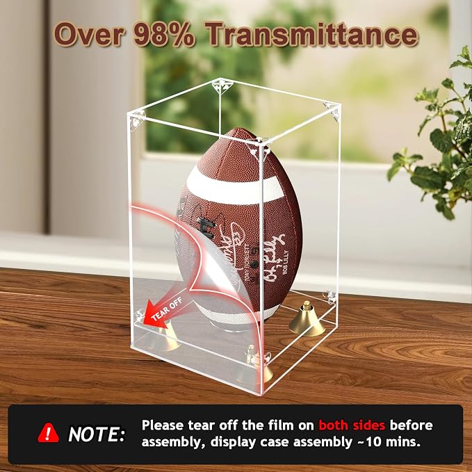 KOLIPI Football Display Case, Clear Acrylic Box 8x8x12.5 in | Football Case Display for Autographed Balls, 360° Clear View, Dustproof Protection, Stable and Stackable, Assembly Required