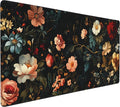 Floral Aesthetic Rose Gaming Mouse Pad, Black Dark Botanical Desk Mat with Anti-Slip Base & Stitched Edges, Office & Home Desk Decor for Women, 35.4" x 15.7" in Computer Desktop Mat