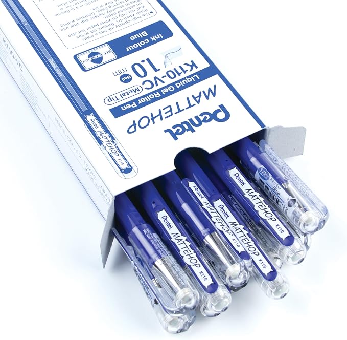 Pentel Arts Hybrid MATTEHOP Gel Roller, 1.0mm, Matte Blue Ink, Box of 12 each (K110-VC)