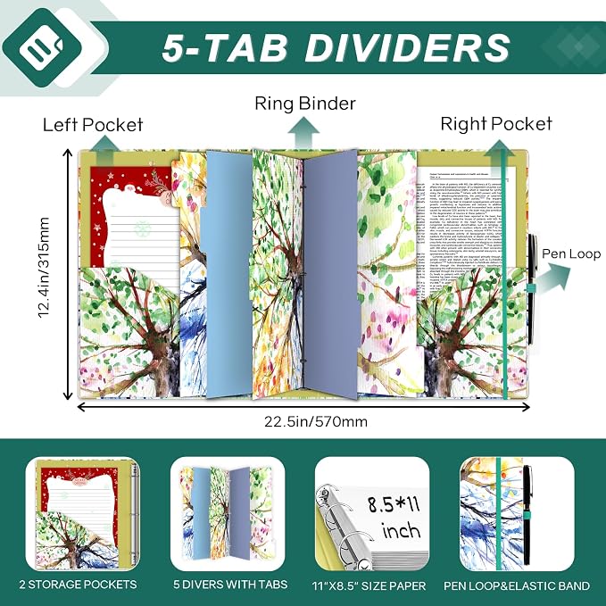 EYROZILL 3 Ring Binders 1 Inch Binder for Letter-Size 8.5" x 11" with 5-Tab Dividers and Low Profile Clipboards Three Ring Binder for School Class Office Supplies, Season Tree