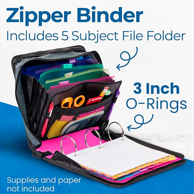Case-it School Zipper Binder | 3-Inch O-Rings | 600-Sheet | D-146 Magenta | Mighty Zip Tab, 5-Subject Expanding File Folder, Multiple Pockets, Storage Organizer, Shoulder Strap, Office