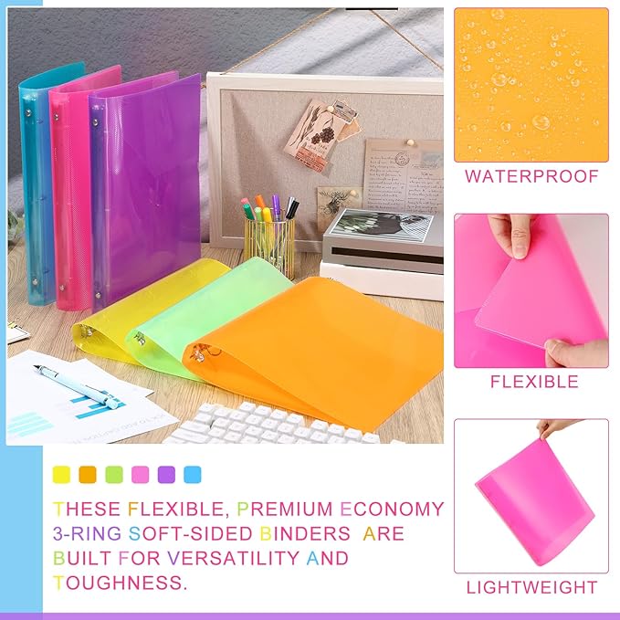 Fulmoon 6 Pack 1 Inch Plastic 3 Ring Binders with Pockets, Neon Colors | Flexible Covers with Round Rings and Front Pockets for Organizing Papers at School, Office, Meetings and Presentations