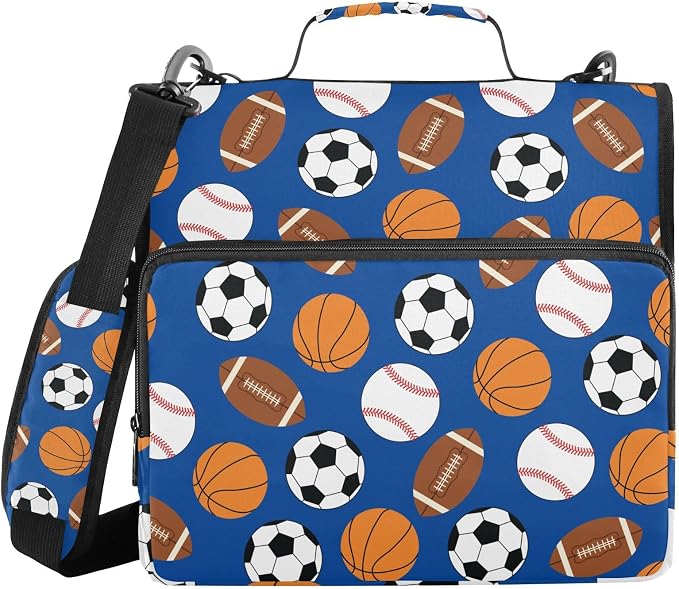 Sports Football Baseball Pattern 3 Ring Zipper Binder with Shoulder Strap & Handle 2 Inch D-Ring Zippered Binder Bag with Multiple Pocket & Pencil Pouch, Binder Organizer for School or Office