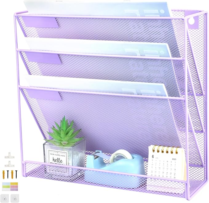3 Pockets Mesh Wall File Holder Organizer with Bottom Flat Tray, Office Hanging File Folder Magazine Rack, Nametag Label Hooks Set Included, Purple
