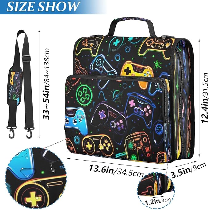 Colorful Video Game Controllers Zipper Binder for School with Shoulder Strap & Extra Pockets - 1.5 Inch 3-Ring Binder Holds 500+ Sheets, Textbooks, Laptop
