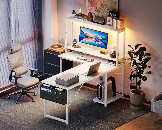 AODK L Shaped Desk Gaming Desk with LED Light & Power Outlet | 53 Inch White Reversible L Shaped Computer Table with Shelf, Corner Desk with Storage Bag&Hook for Home Office Desk