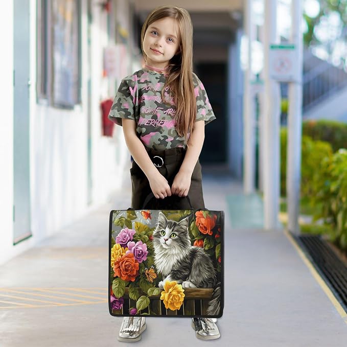MNSRUU 3 Ring Binder Bag, 2 Inch D-Rings Easily Organizes 1 Inch Fits Letter Sized Paper, Gray Cat on The Garden Fence Large 3 Hole Zipper Binder Organizer for School Office Supplies