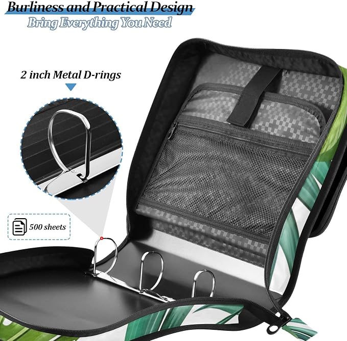 3 Ring Zipper Binder with Shoulder Strap Palm Leaves Tropical Plants Green 2 Inch Zippered Binder Bag 500 Sheet Capacity Multi Pockets for School Supplies