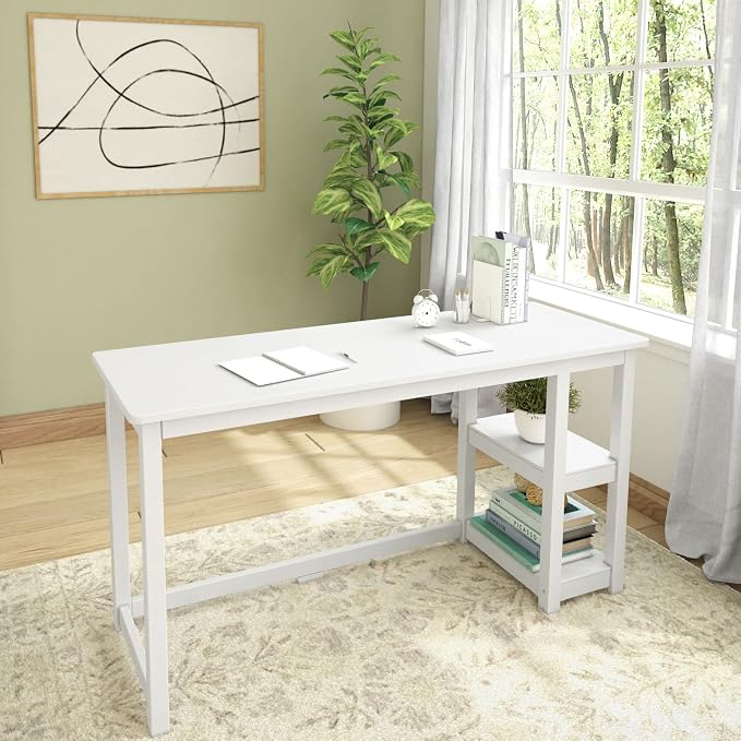 Plank+Beam Classic Desk, 55 Inch, with Shelves, White | Wooden Computer Desk with Shelves, Non-Toxic Finishes, Large Desk Space, Engineered Wood, Matching Style, Solid Wood