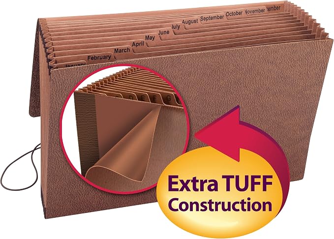 Smead TUFF Expanding File, 12 Pockets, Monthly (Jan.-Dec.), Flap and Cord Closure, Legal Size, Redrope (70390) (Pack of 5)