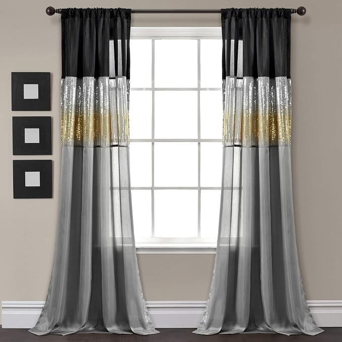 Lush Decor Night Sky Window Curtain Panel, Single 42"W x 95"L Black & Gold - Sequin Backdrop Curtain - Room Darkening Curtains For Bedroom - Glam Decor