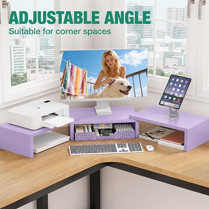 Dual Computer Monitor Stand Riser, Desk Organizer with Drawer, Office Desk Accessories & Workspace Organizers for Home Office Supplies, Purple