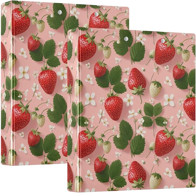 Flower Strawberry 1.5 Inch 3 Round Ring Binders with Pocket Clip, Holds 200 Sheets Documents for Office Classroom Student Organization Hard d Ring Binders with Printed