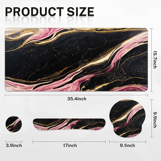 Keyboard Mouse Pad Set, 4 in 1 Desk Mat Set, Pink Black Marble | Gold Large Mousepad+Keyboard Wrist Rest+Mouse Wrist Rest+Coaster Ergonomic Design for Home Office Computer