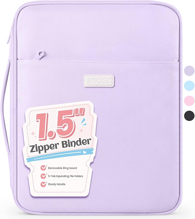 Sooez Zipper Binder Bag, 1.5 Inch Binders 3 Ring O-Ring, 5-Tab Dividers | Expanding File Folder, 650-Sheet Capacity Paper Organizer, Cute Organizer Storage Student School Classroom Supplies, Purple