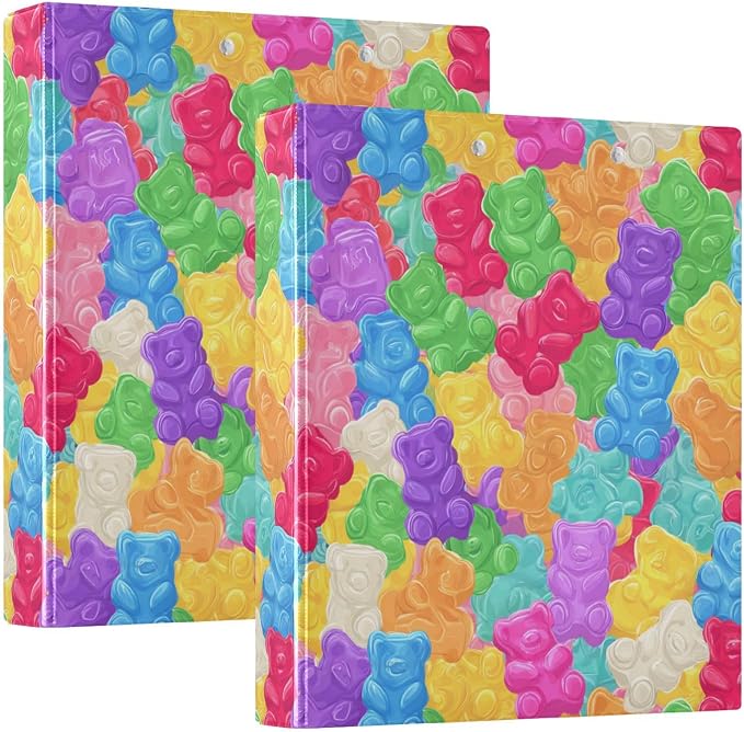 Colorful Sweet Jelly Bears Round Ring Binders Gummy Candies 1.5 Inch 3 Ring Binder with Clipboard Holds 200 Sheets Office Home School