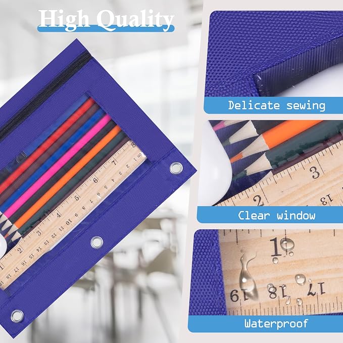 YoeeJob 60 Pack Zipper Pencil Pouch for 3 Ring Binder with Clear Window for School and Office Supplies (Blue)