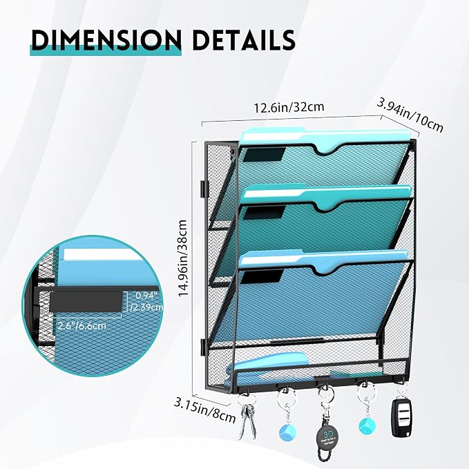 4-Tier Wall File Organizer and Mail Organizer with 5 Hooks, 2 Pack | Label slots, curved openings, 5 key hooks, and a bottom tray support organized mail, file, and everyday item storage.