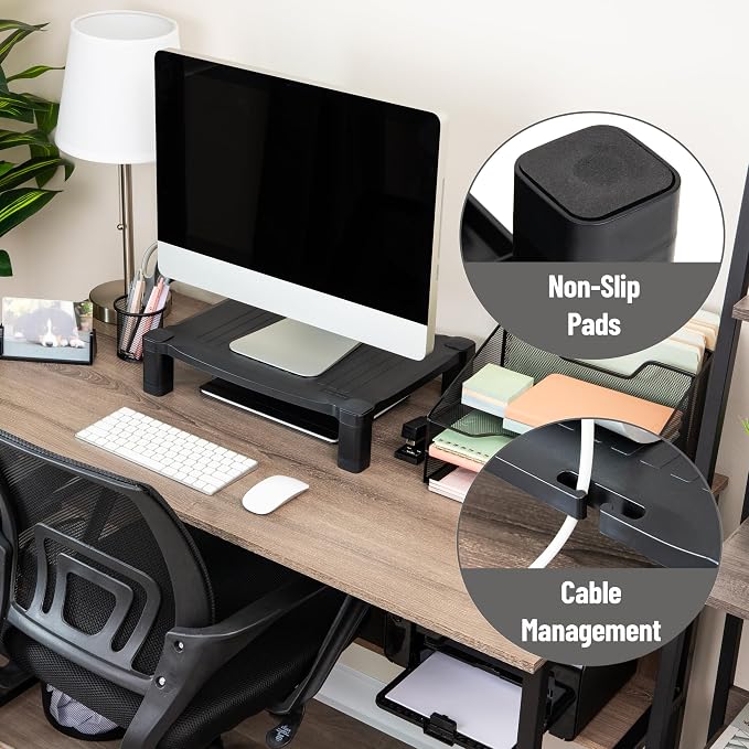Mind Reader Monitor Stand, Height Adjustable, Desktop Organizer, Laptop Riser, Office, 17.25"L x 13.25"W x 4"H, Black