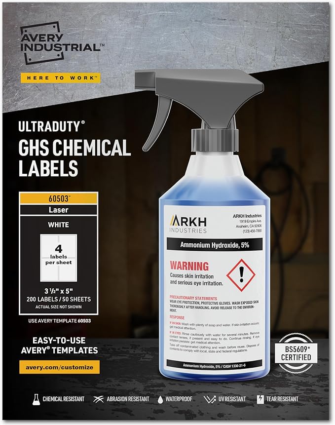 Avery® UltraDuty® GHS Chemical Labels for Laser Printers, Waterproof, UV Resistant, 3.5 x 5, 200 Pack (60503)