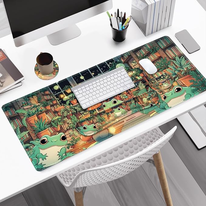 Large Gaming Mouse Pad Set, 4 in 1 Ergonomics Keyboard Desk Mat with Memory Foam Wrist Rest, Computer PC Extended Game Mousepad, Non-Slip Desk Matt Easy Typing Pain Relief I Frog & Mushroom