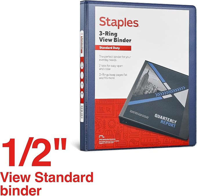 Staples 1/2" 3-Ring View Binder, D-Ring, Navy Blue, 4/Pack