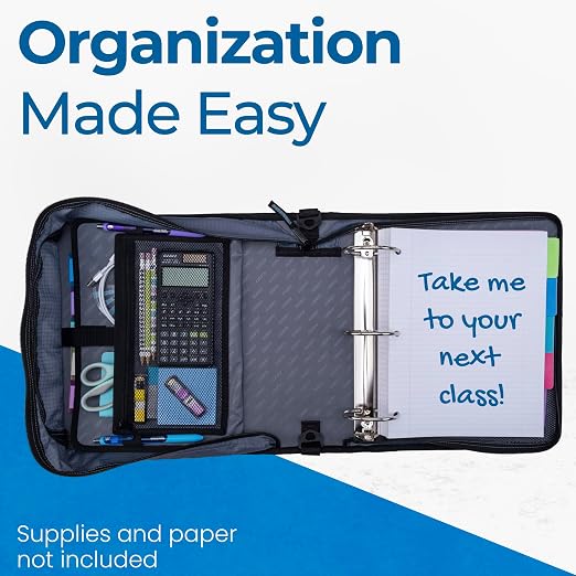 Case-it School Zipper Binder | 3" O-Rings | 600-Sheet | D-146 Tidal Wave | Mighty Zip Tab, 5-Color Tab Expanding File Folder, Multiple Pockets, Shoulder Strap, Office
