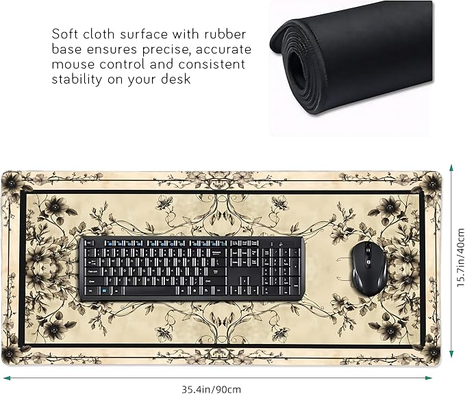 Floral Aesthetic Rose Gaming Mouse Pad, Earth Black Rug Desk Mat with Anti-Slip Base & Stitched Edges, Computer Keyboard & Laptop Pad, 35.4" x 15.7" in in Workstation Accessories