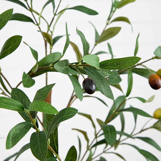 Nearly Natural 3 ft Artificial Olive Tree with Natural Trunk for Decor | Lifelike Fruits and Branches, Maintenance-Free, Nursery Planter Included, Mediterranean Style for Home and Office Decor