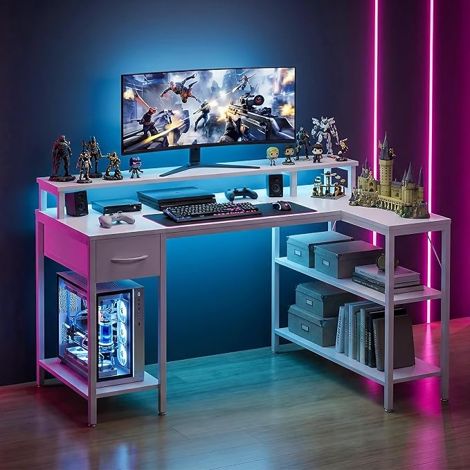 Alpen Gaming Desk, 47 Inch L Shaped Desk with LED Lights, Charging Ports, Corner Desk Reversible Gaming Computer Desk with Shelves Drawer Monitor Stand for Home Office,White