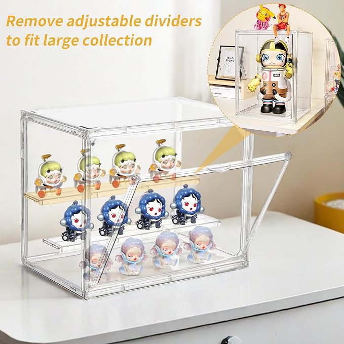 Acrylic Display Case for Collectibles 3 Tier,Small Clear Display Box 2pack | 2 Movable Dividers，Clear Showcase for Mini Figures，Easy Assembly, Magnetic Door, Stackable Design, Dustproof Durable Material