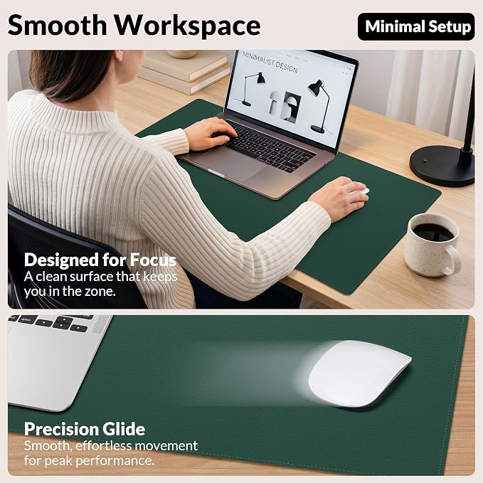 AFIING Cork Desk Mat, Dark Green, 23.6" x 13.7", Desk Pad Protector | Dual-Sided & PU Leather, Waterproof, Non-Slip for Mouse Pad, Writing, Home Office& Laptop